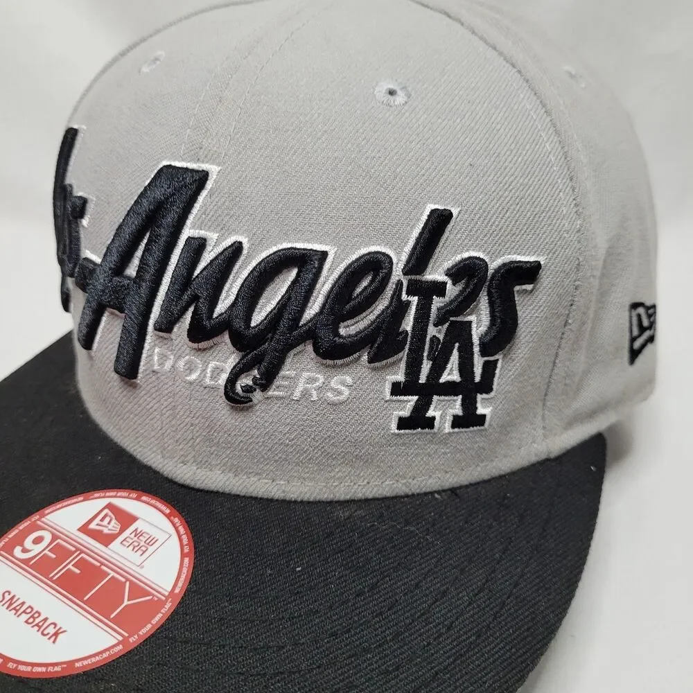 New Era 9FIFTY Los Angeles Dodgers Hat Gray Black Script Snapback Stickers Cap